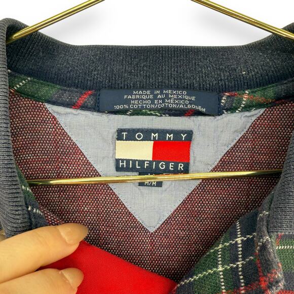 1990s Vintage Tommy Hilfiger Signature Tartan Plaid Knit Polo Shirt Logo Size M - Picture 3 of 4